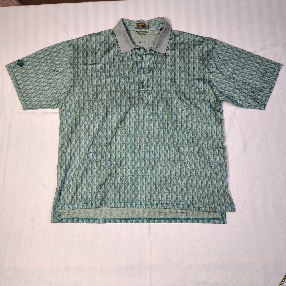 Descente Mens Polo Shirt XL Green Egyptian Cotton Geometric Knit Short Sleeve